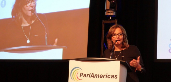 Elizabeth Cabezas, presidenta del Parlamento de Ecuador y vicepresidenta de ParlAmericas, durante su intervención