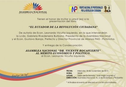En la Asamblea se presentará el libro “El Ecuador de la Revolución Ciudadana